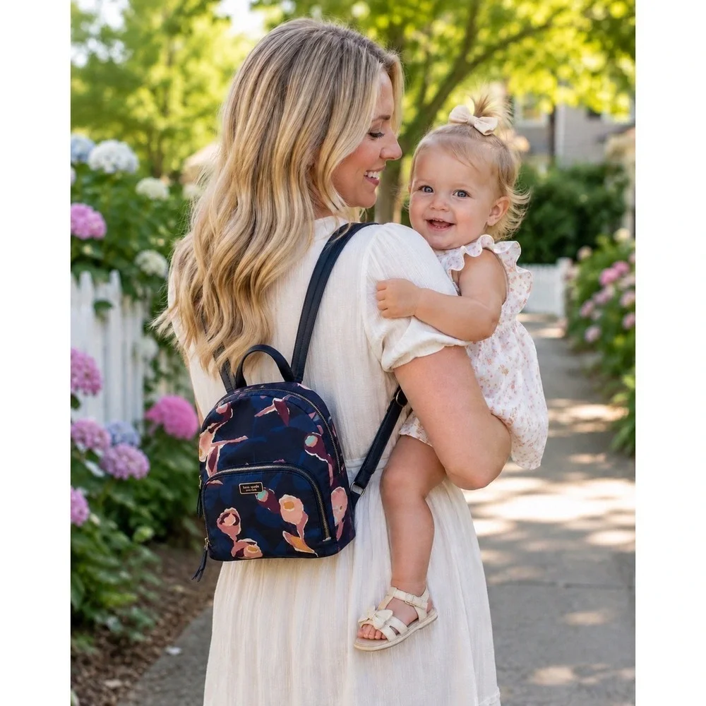 Kate Spade Dawn Paper Rose Backpack Navy Floral Nylon Travel School Bag Stylish